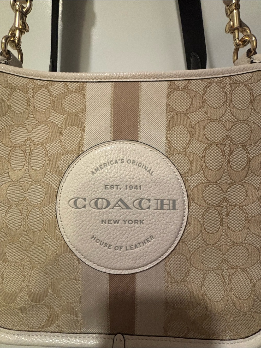 Coach Beige Signature Stripe Shoulder Bag with Cream Patch